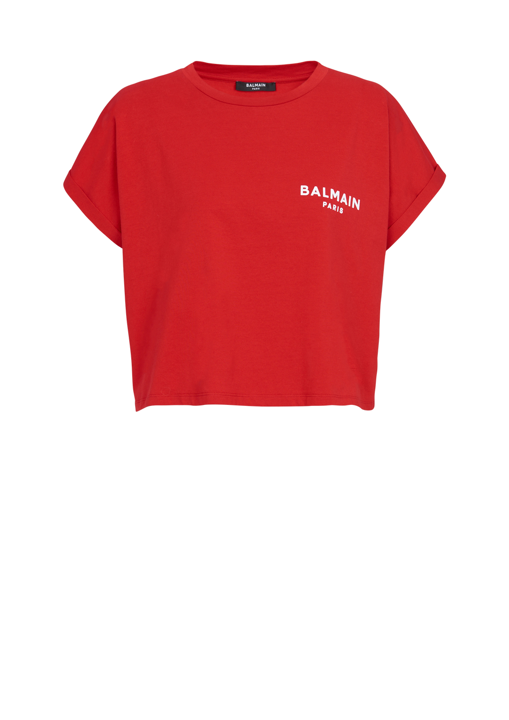 Cropped eco-designed cotton T-shirt with small flocked Balmain logo, red, hi-res