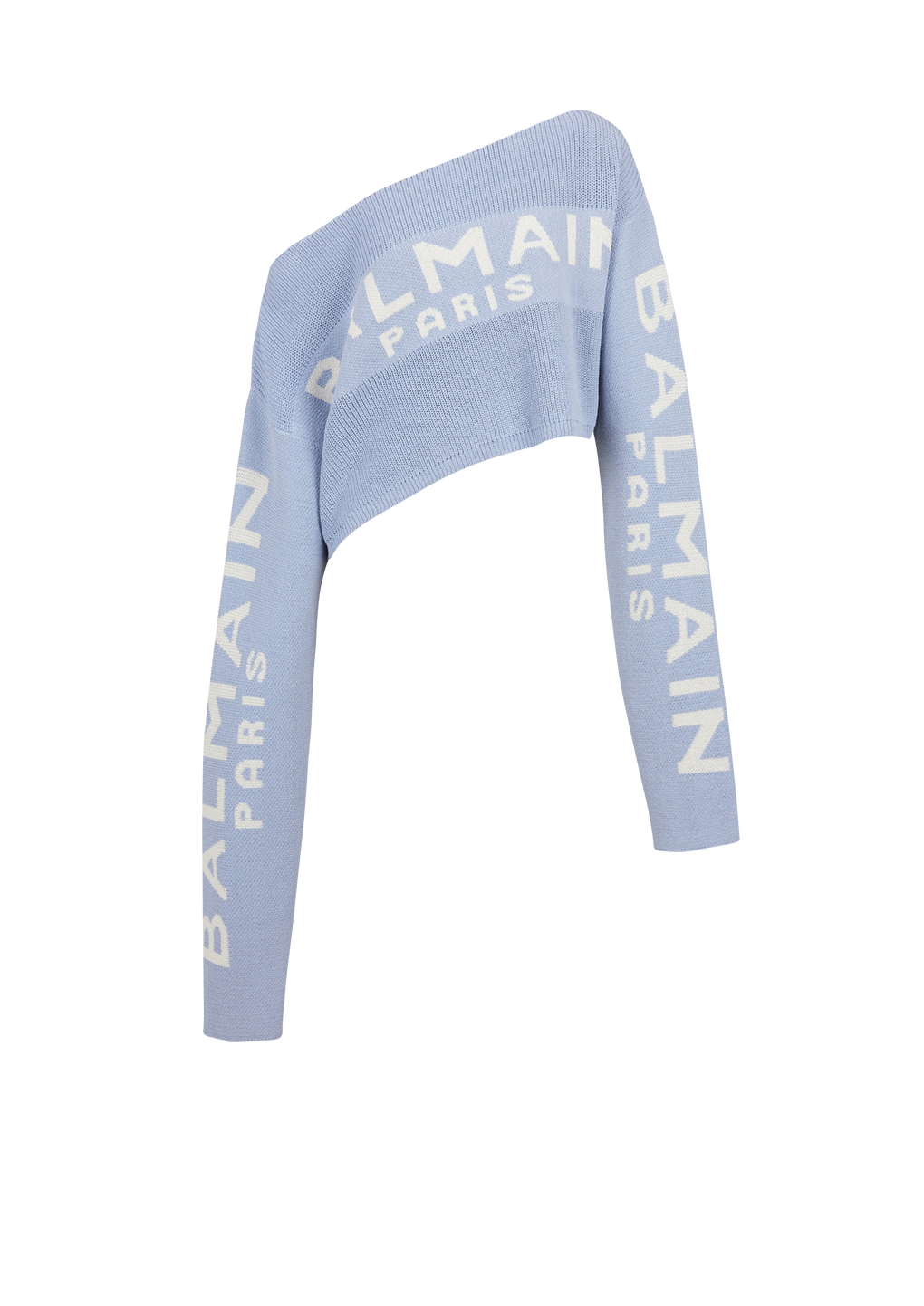 Cropped knit sweater with graffiti Balmain logo print, blue, hi-res