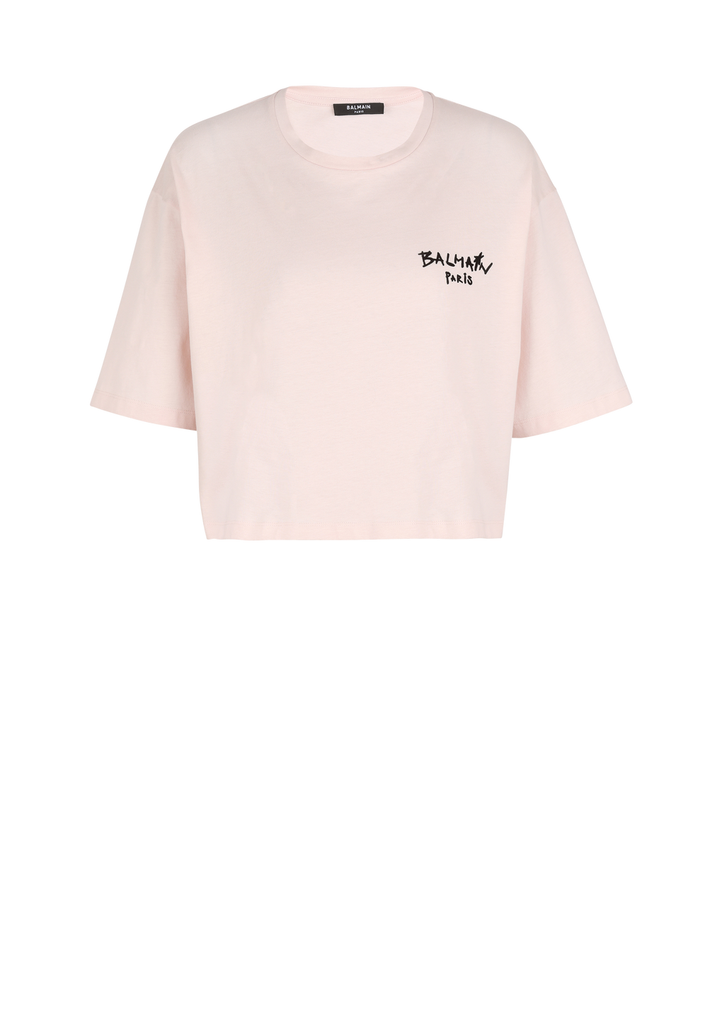 Cropped cotton T-shirt with small flocked graffiti Balmain logo, pink, hi-res