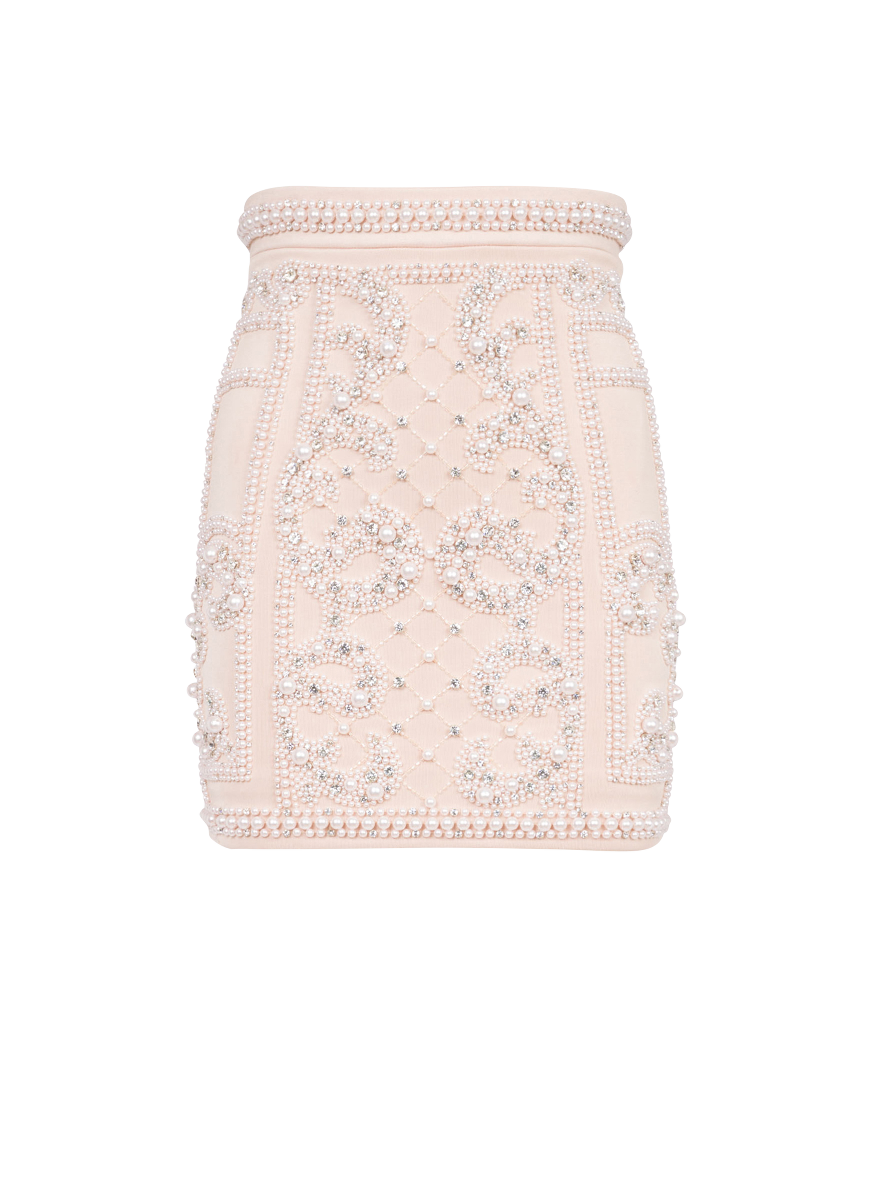 Short embroidered high-waisted skirt, beige