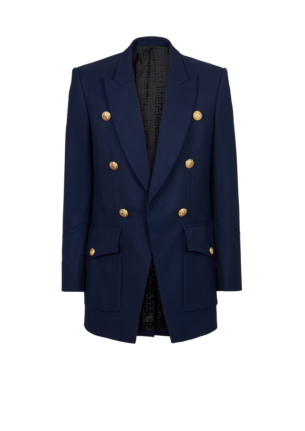 Six-button twill blazer with monogram lining, navy, hi-res