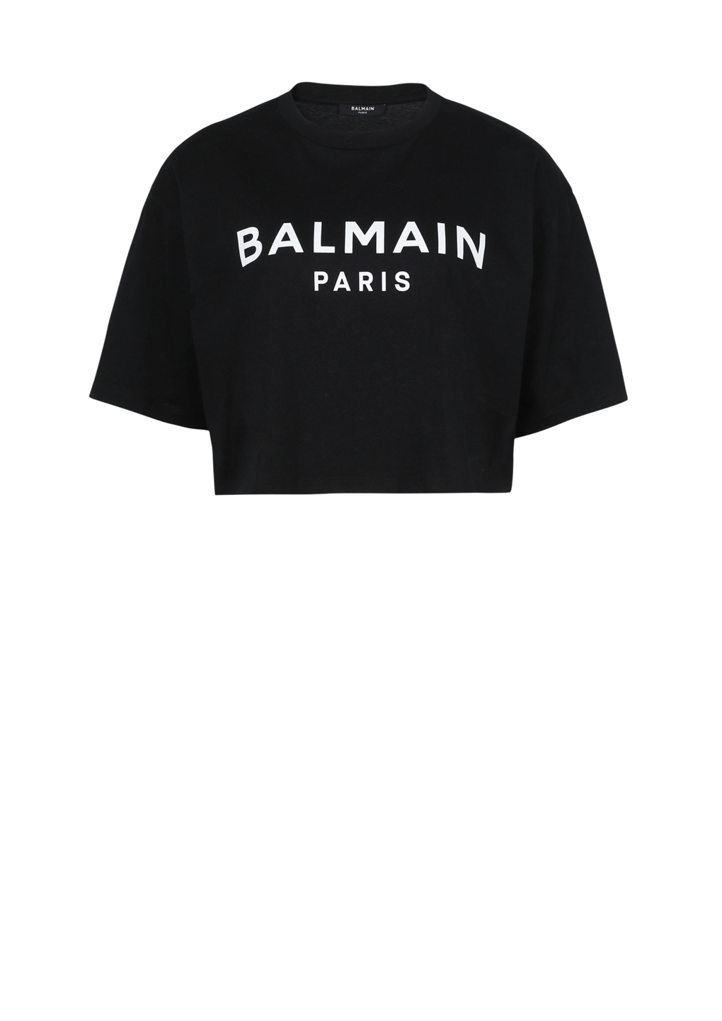 Cropped eco-designed cotton T-shirt with Balmain logo print, black, hi-res